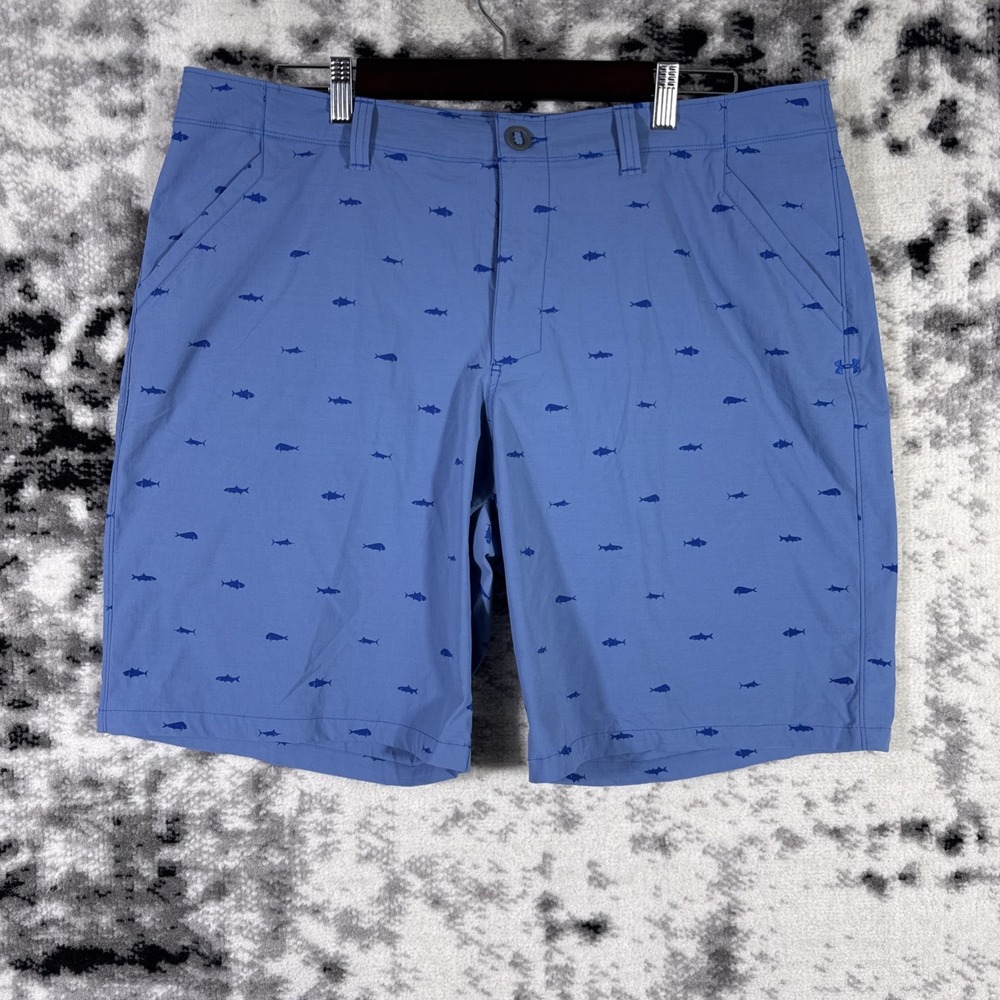 Under Armour Shorts Mens Size 40 Blue Fish Print Performance Golf Preppy Casual